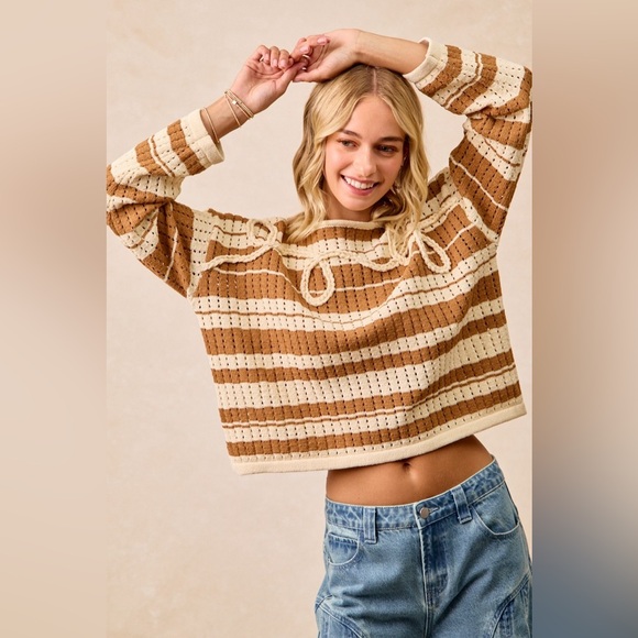 BiBi Striped Open Knit Sweater Top with Front Braided Detail 10010051743 - Picture 2 of 14